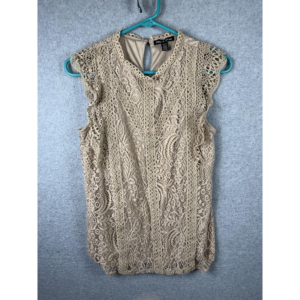 Cable & Gauge Lace Top Womens‎ Medium Beige Sleeveless Crochet Lined Blouse